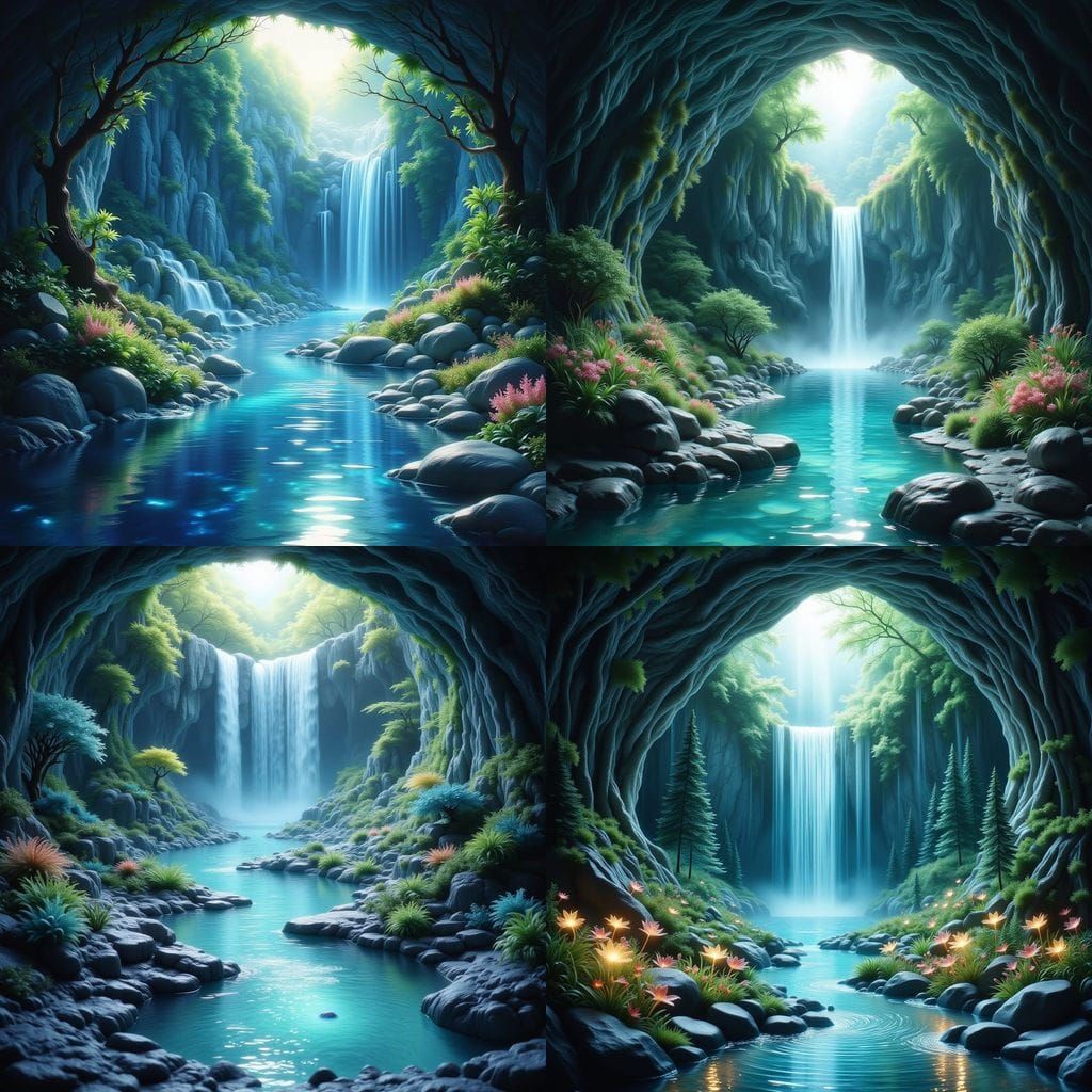 Majestic Waterfall in Hidden Grotto, Fantasy Landscape