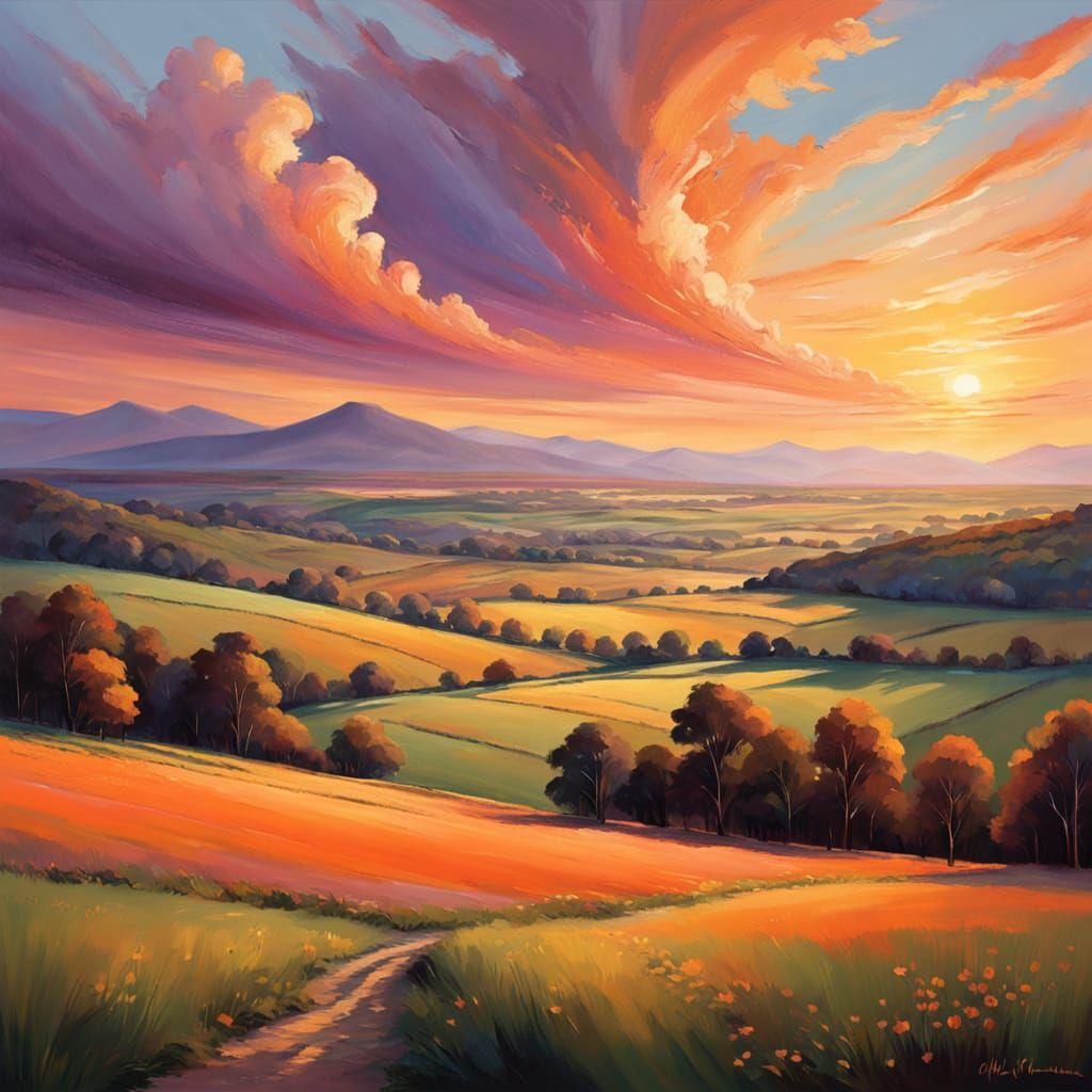 Vibrant Sunset Panorama in Warm Oil Painting Style