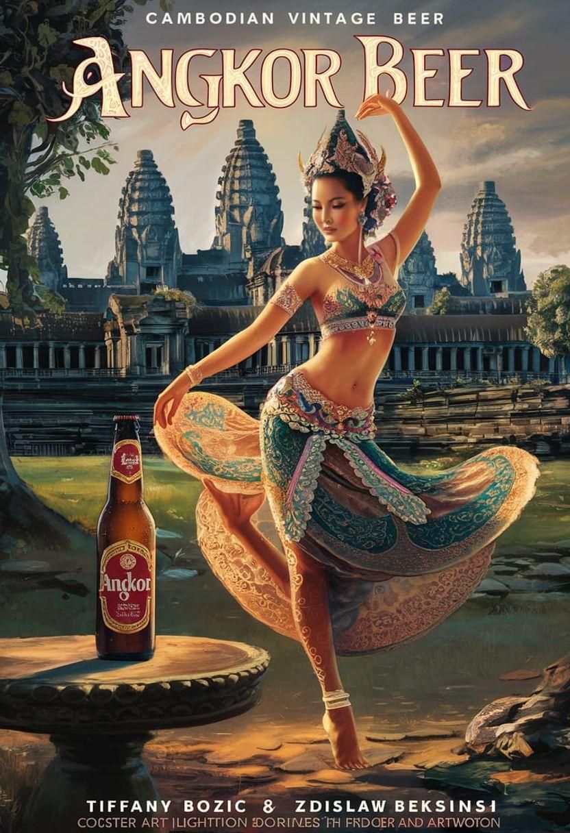 Vintage Angkor Beer Advertising Poster in Romanticism Style