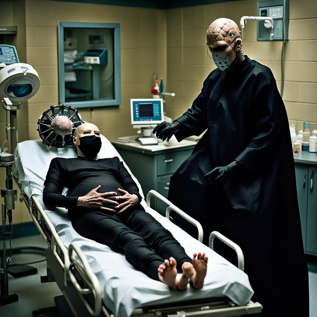 Female Pinhead Giving Birth in Dark Hospital Room