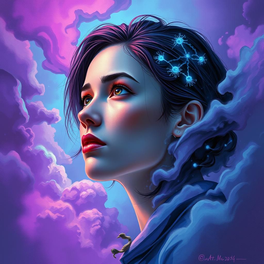 Contemplative Woman in Dreamlike Sci-Fi Environment