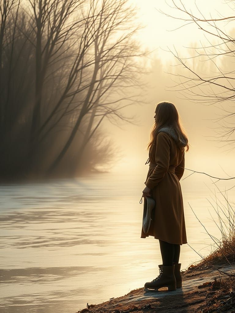 Wistful Figure Longs to Skate Away on a Frozen River in a Tr...