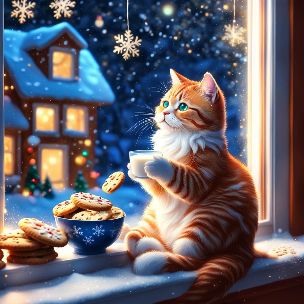 Whimsical Santa Cat in Winter Wonderland Scene
