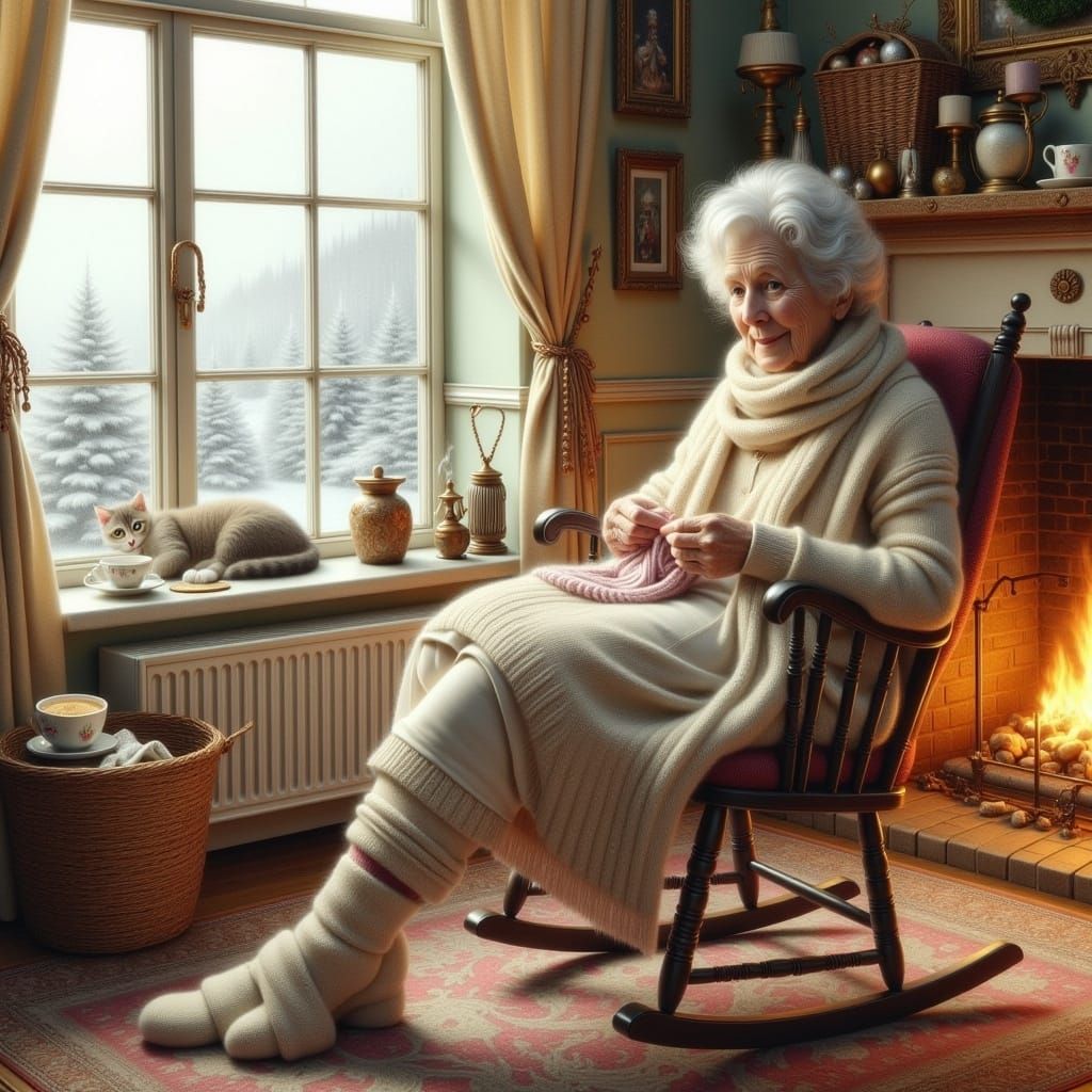 <lora:Winter Feiertage:1.0>an elderly woman sitting in a swinging chair near the fireplace, knitting a scarf, with a mis...