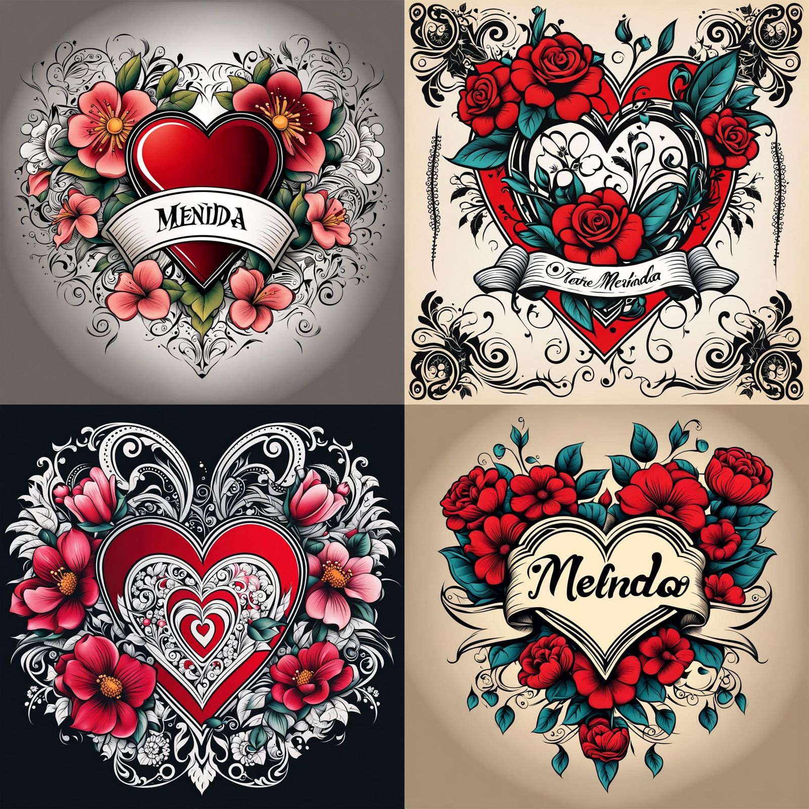 Tattoo-Style Vector Heart with Flowers and Text