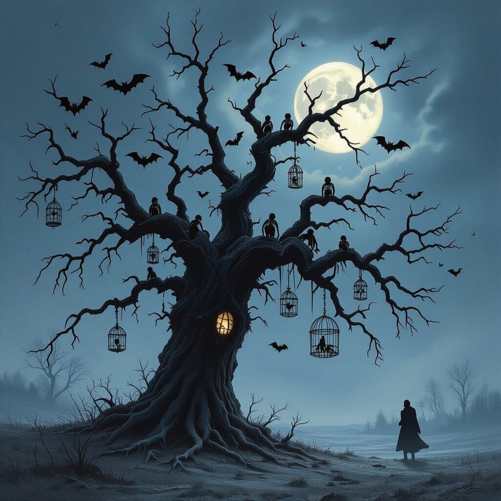 Eerie Winter Tree with Bats in Oil Realism