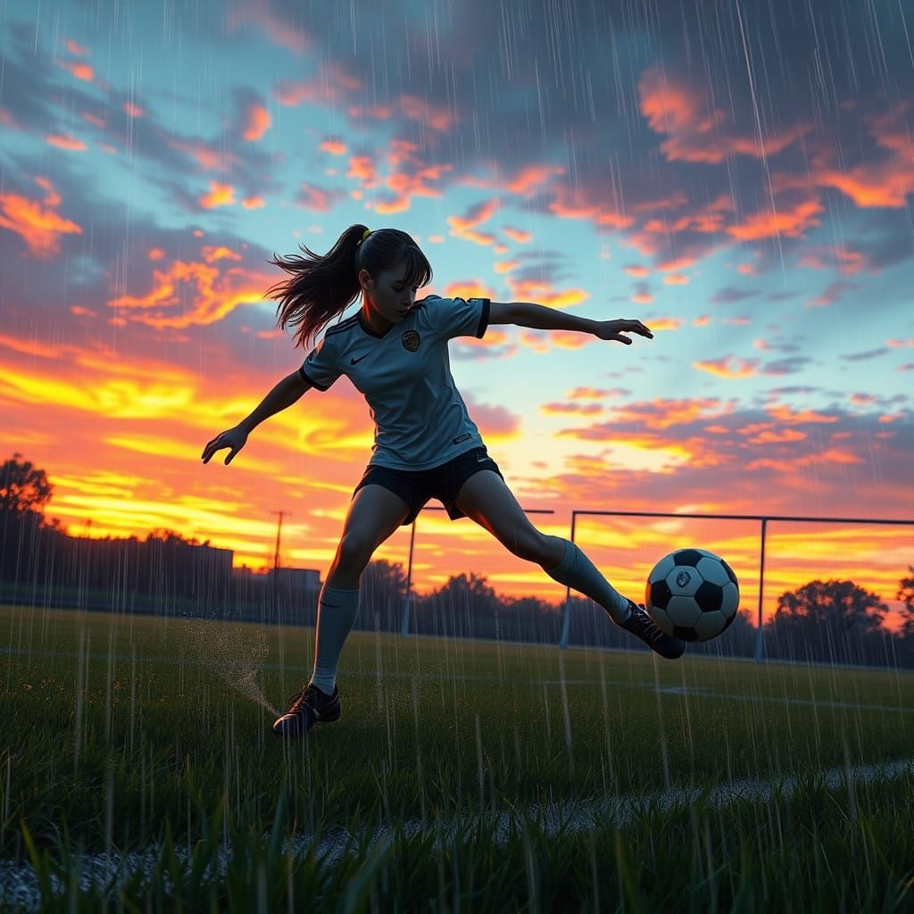 Girl Scores Goal in Rainy Sunset, Bond-Inspired Hair, Detail...
