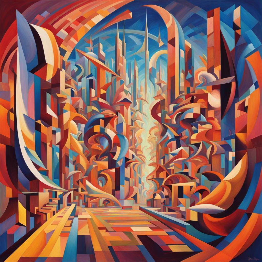 Abstract Cubist Wonderland in Cyberpunk Style