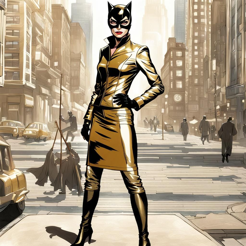 Catwoman in Gold Skirt Suit, Full Body View