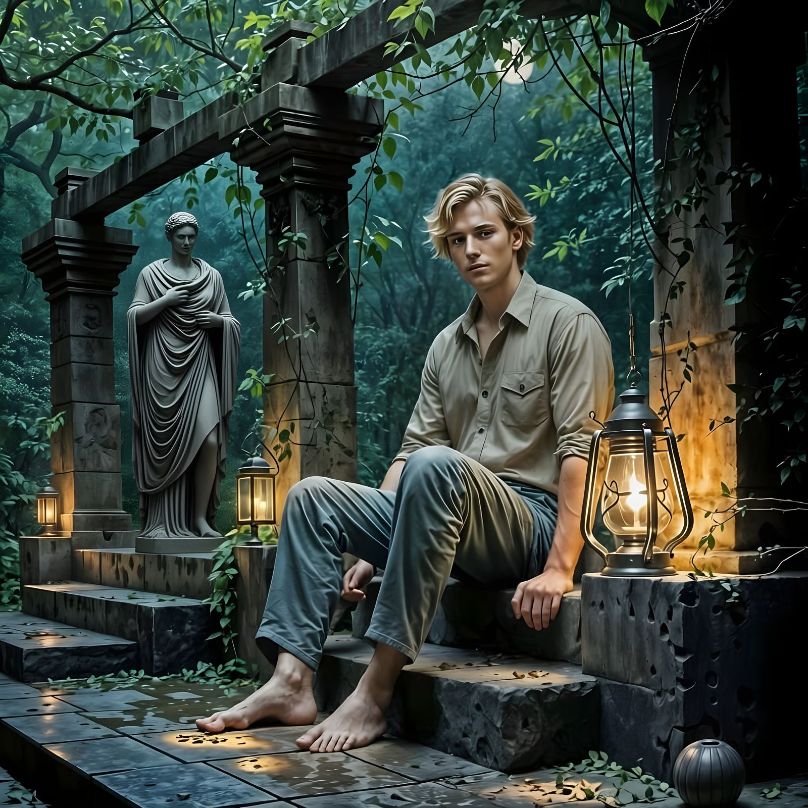 Man in Moonlit Garden Sanctuary