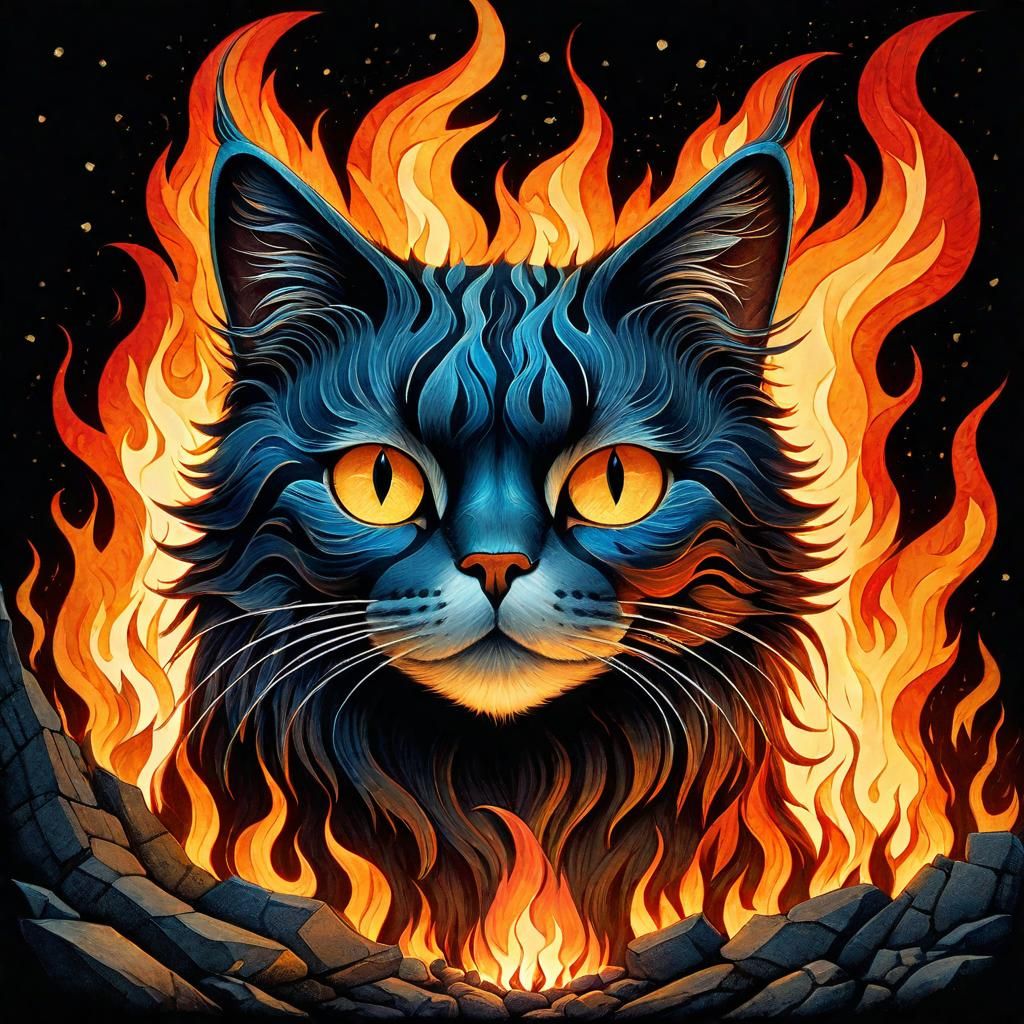 Fiery Feline: A Cat Ablaze in Ethereal Art