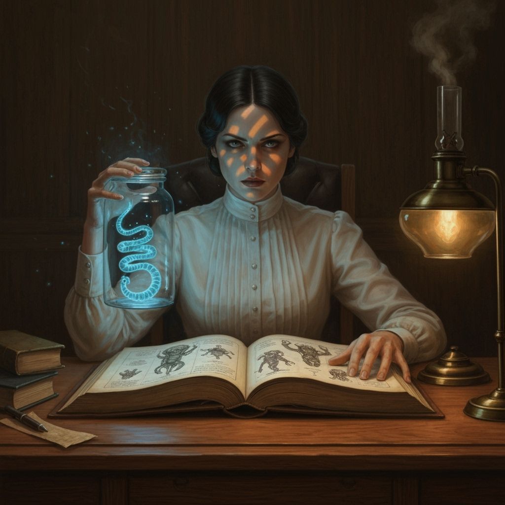 Woman with Lovecraftian Tome in Moody Oil Painting Style