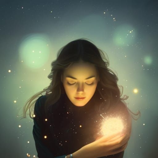 Woman Reaching for Starry Sky, Hyperdetailed Portrait