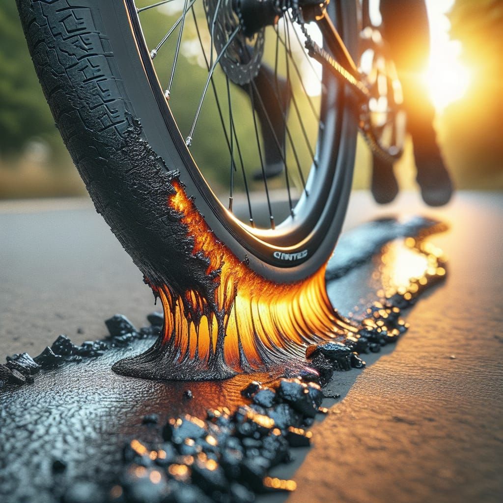 Close-Up of Bicycle Tire Melting Hot Asphalt
