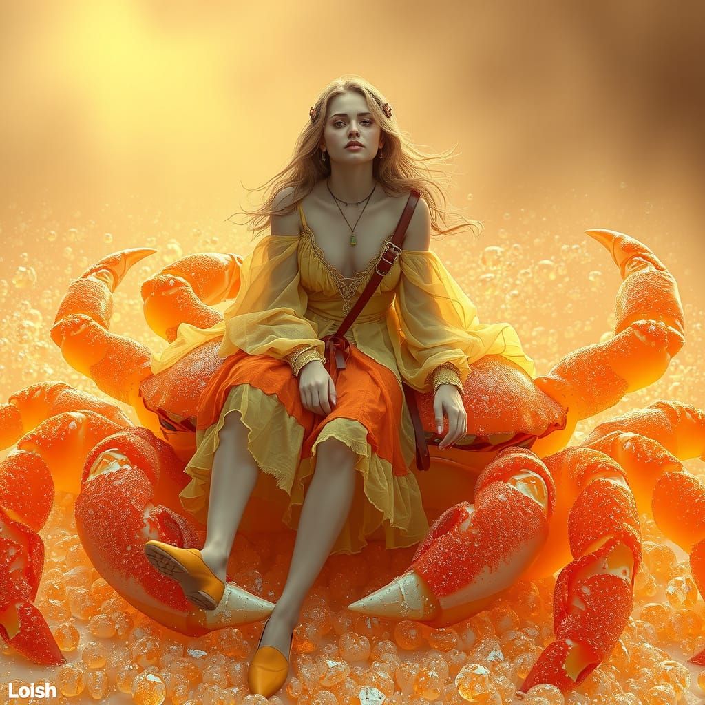 Woman on Gummy Crab in Soda Sea with Neon Glow