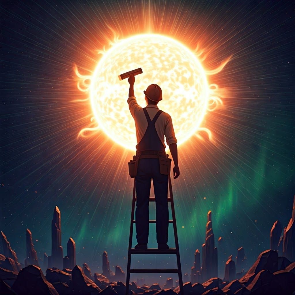 Worker Brushing Sun in Futuristic Utopia