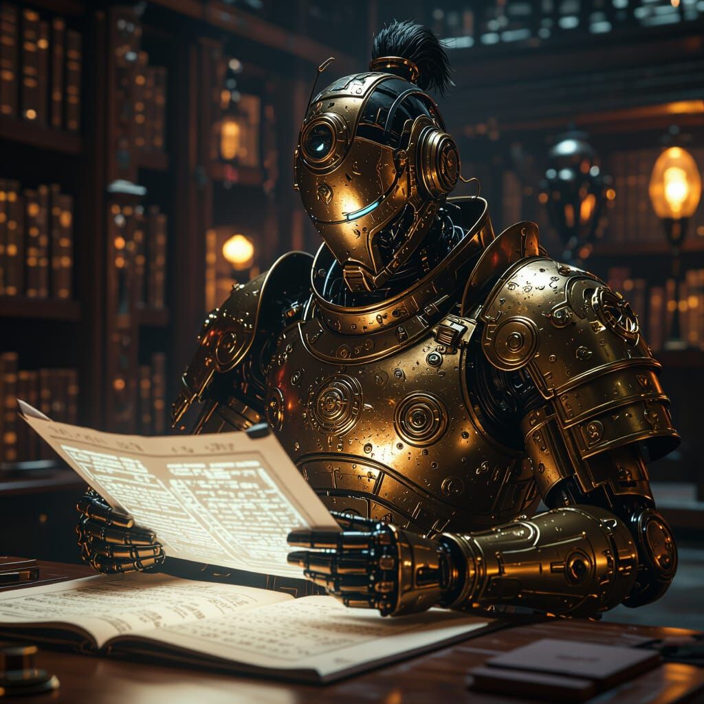 Steampunk Cyborg Samurai Reading Scroll