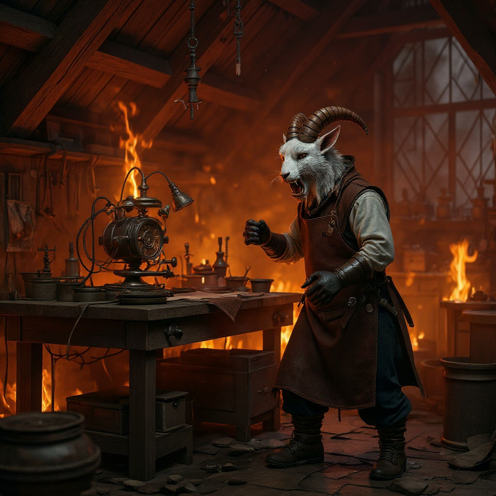 Goatkin Artificer in Workshop, Fantasy Concept Art