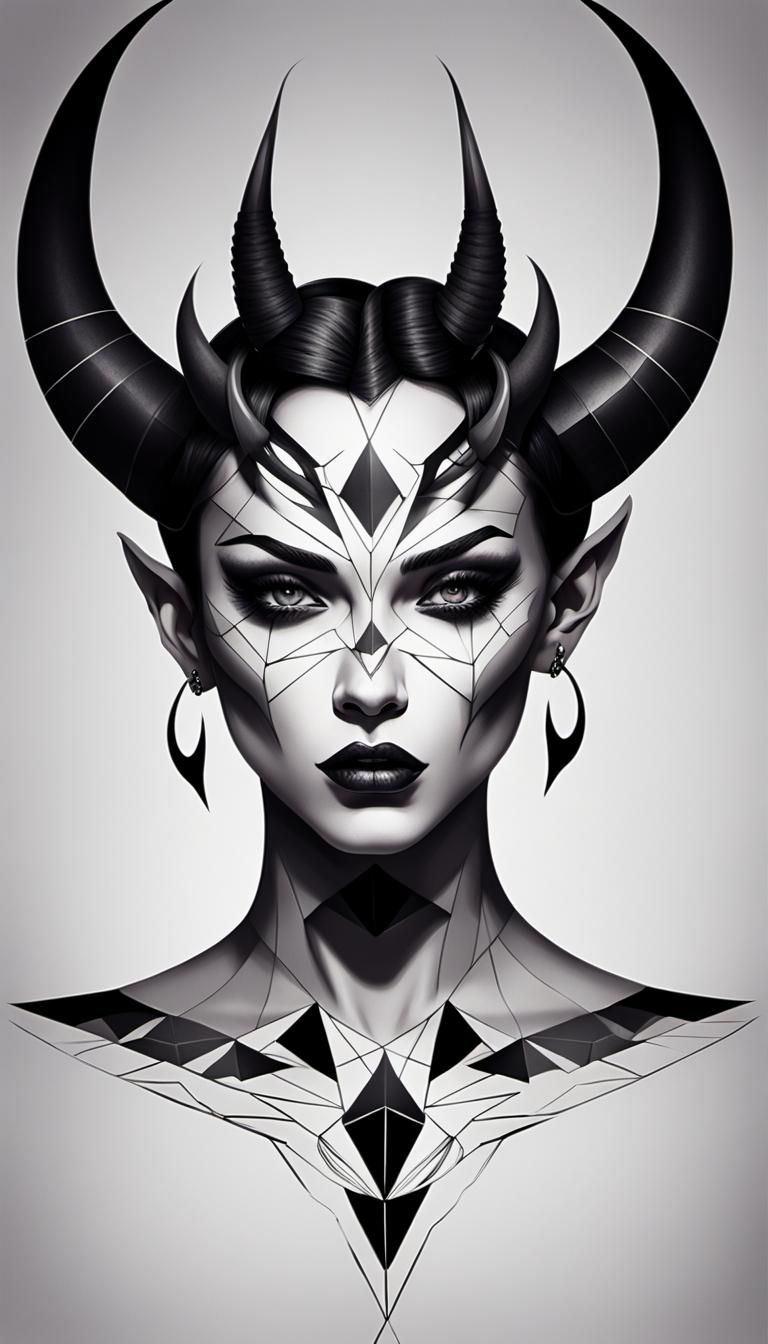 Geometric Tattoo: Horned Demon Lady Portrait