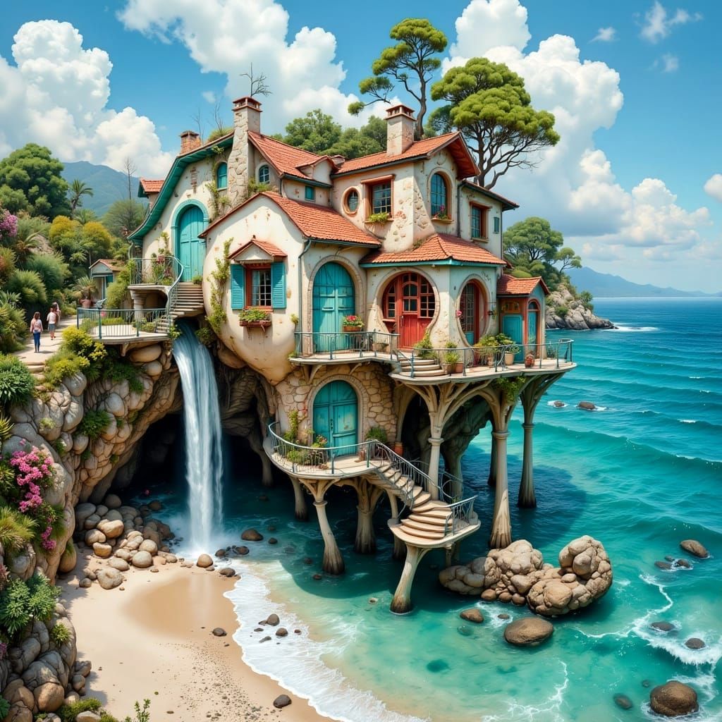 Whimsical Upside-Down House on Island, Surreal Oil Painting