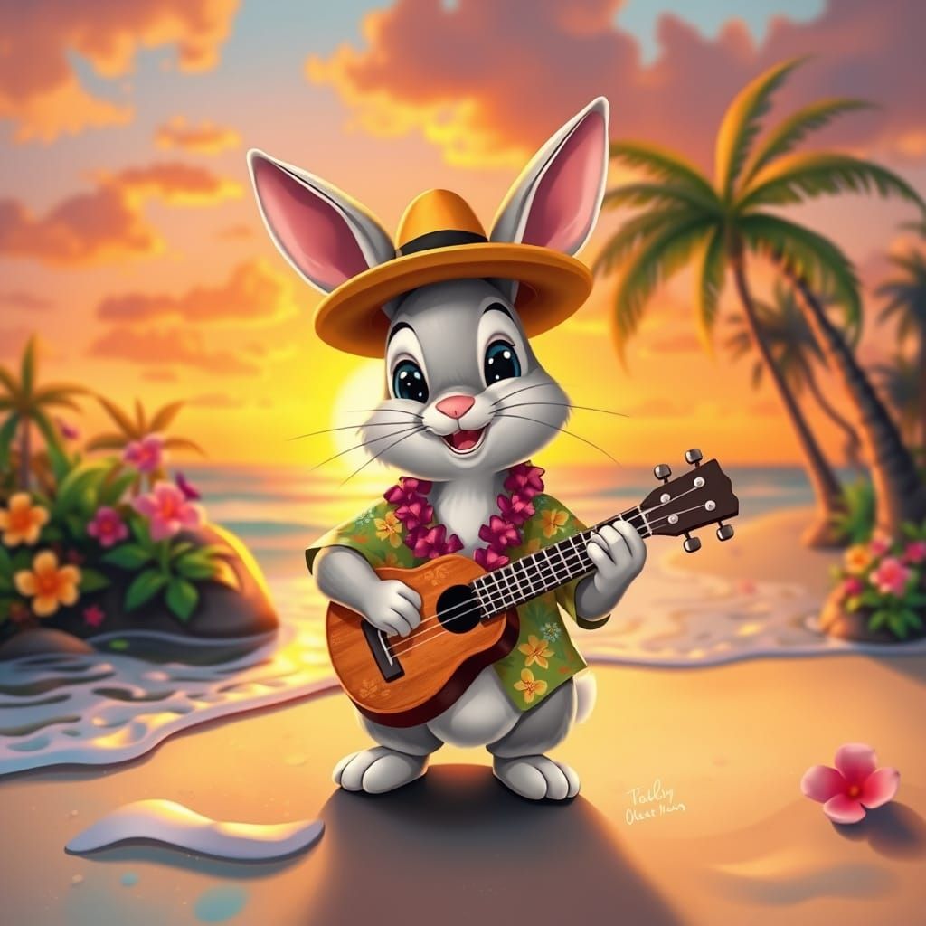 Cartoon Rabbit Plays Ukulele on Tropical Beach at Sunset