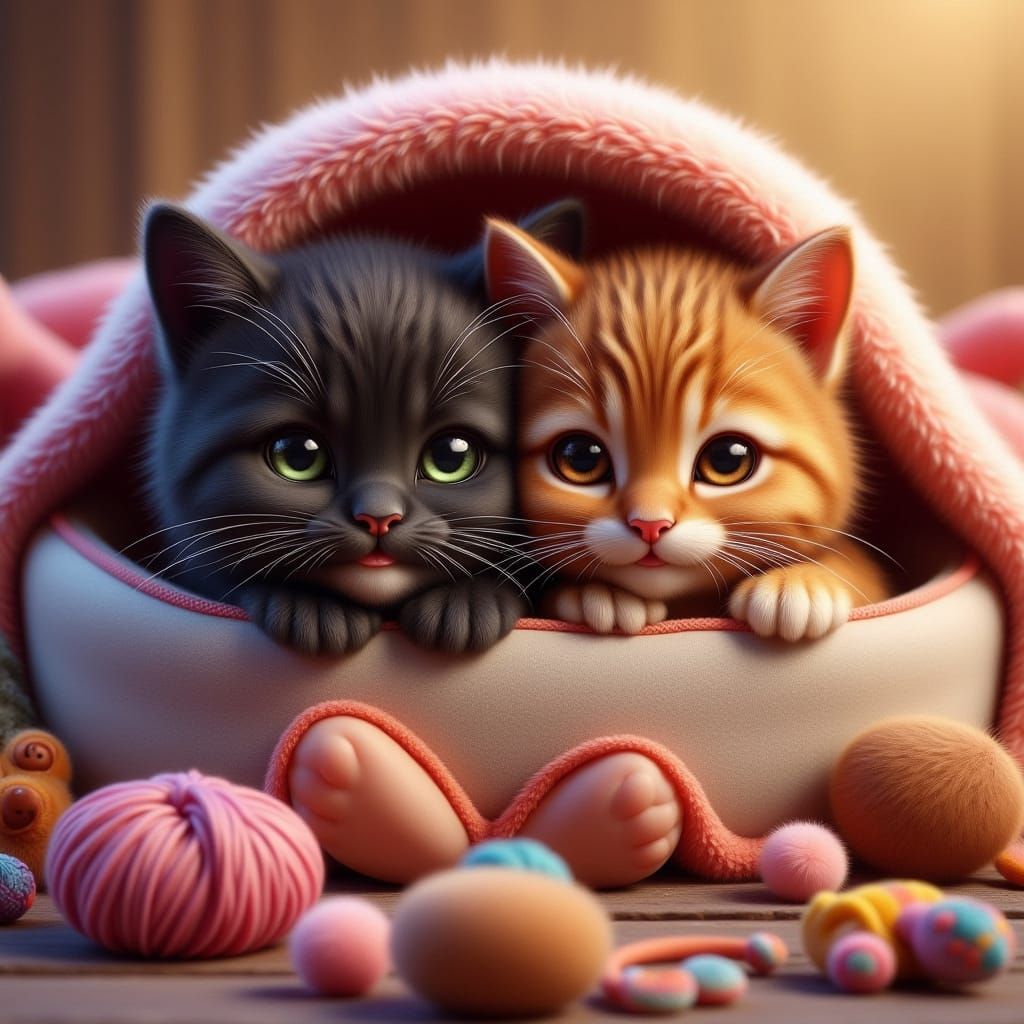 Whimsical Kittens' Slumber in a Plush Pet Bed