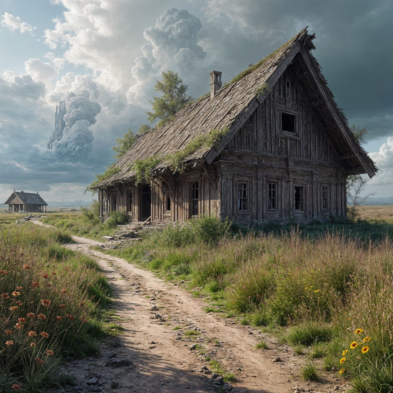Ancient Decaying Hall Ruins in Winter Landscape