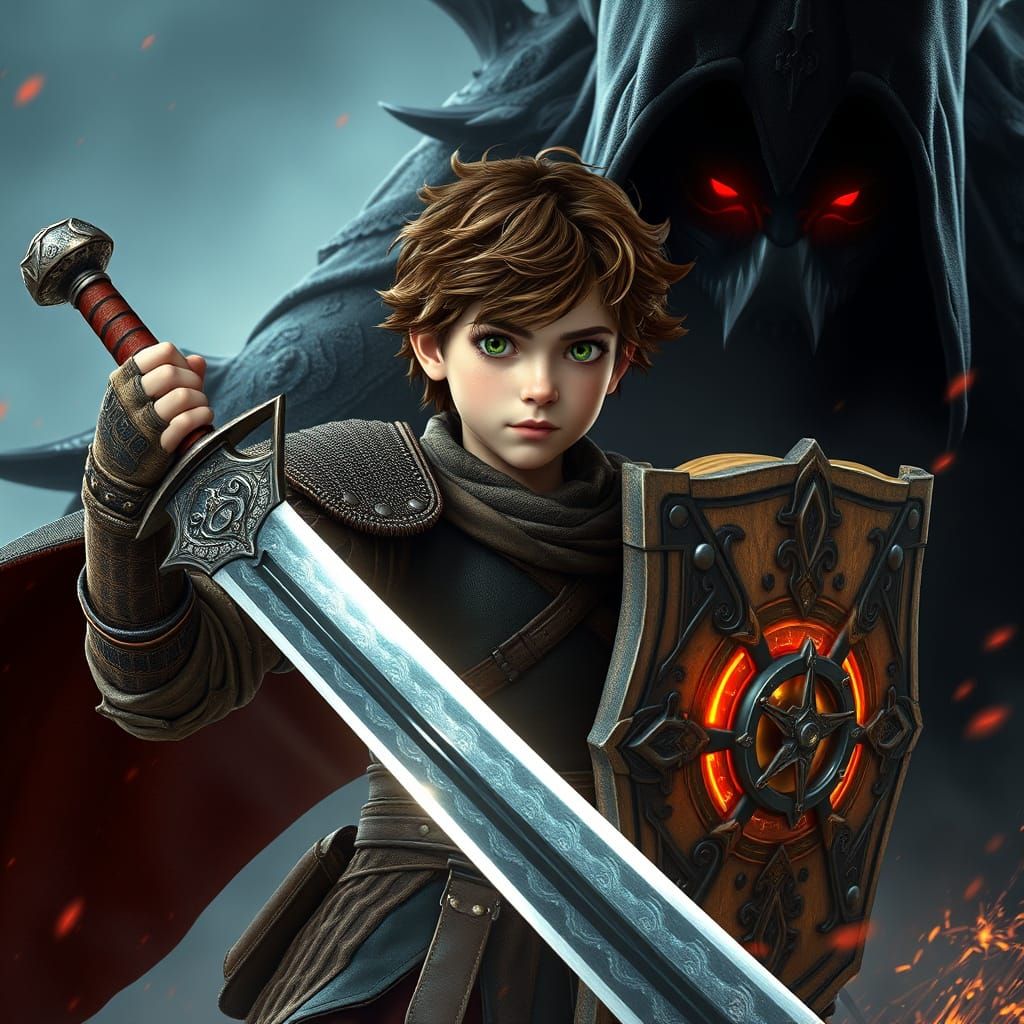 Heroic Boy Stands Tall Against Dark Forces with Gears and Gl...