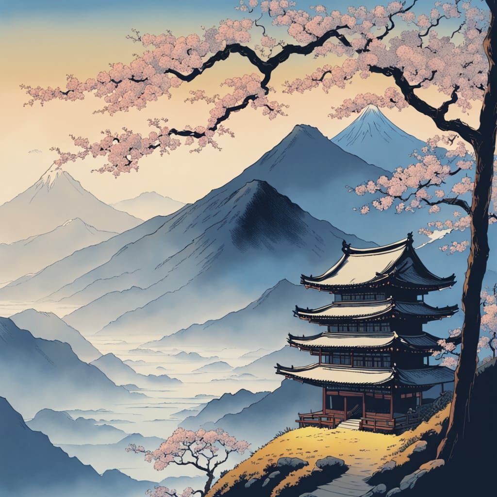 Elegant Samurai Amidst Cherry Blossoms in Misty Mountains