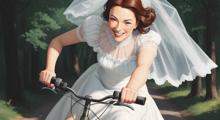Bride on Bicycle in Hergé Comic Art Style