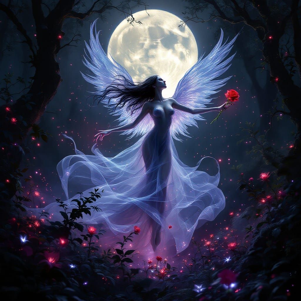 Spectral Goddess Dances Under Moonlit Forest
