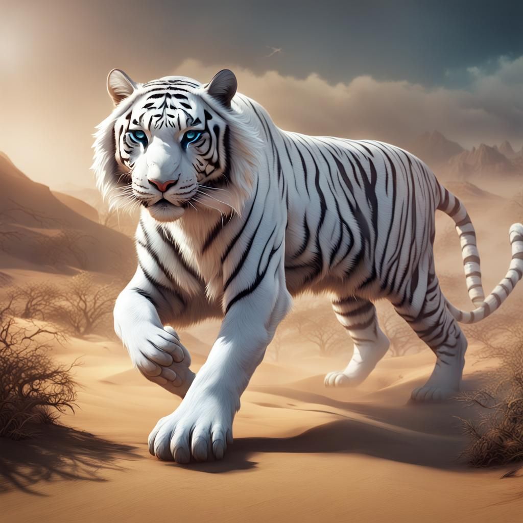 White Angel Tiger in Liberian Desert: Detailed Matte Paintin...