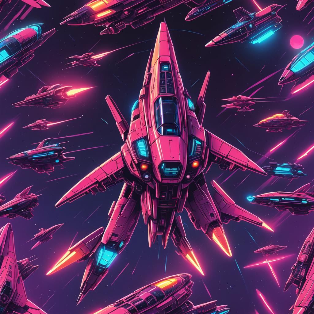 Sci-Fi Spaceship Blueprint in Synthwave Neon Style