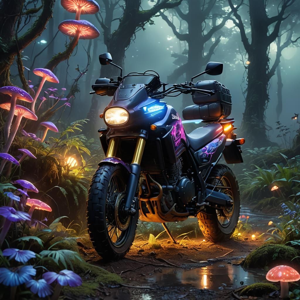 Suzuki DR 650 in Mystical Forest, Fantasy Art