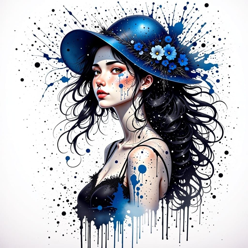 Ink Silhouette of Woman with Blue Fascinator
