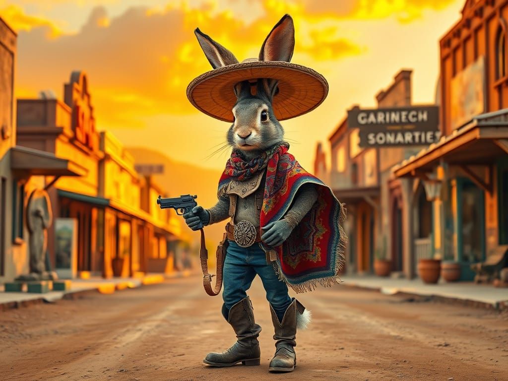 Jack Rabbit Gunslinger in Desert Town, Syd Mead Style