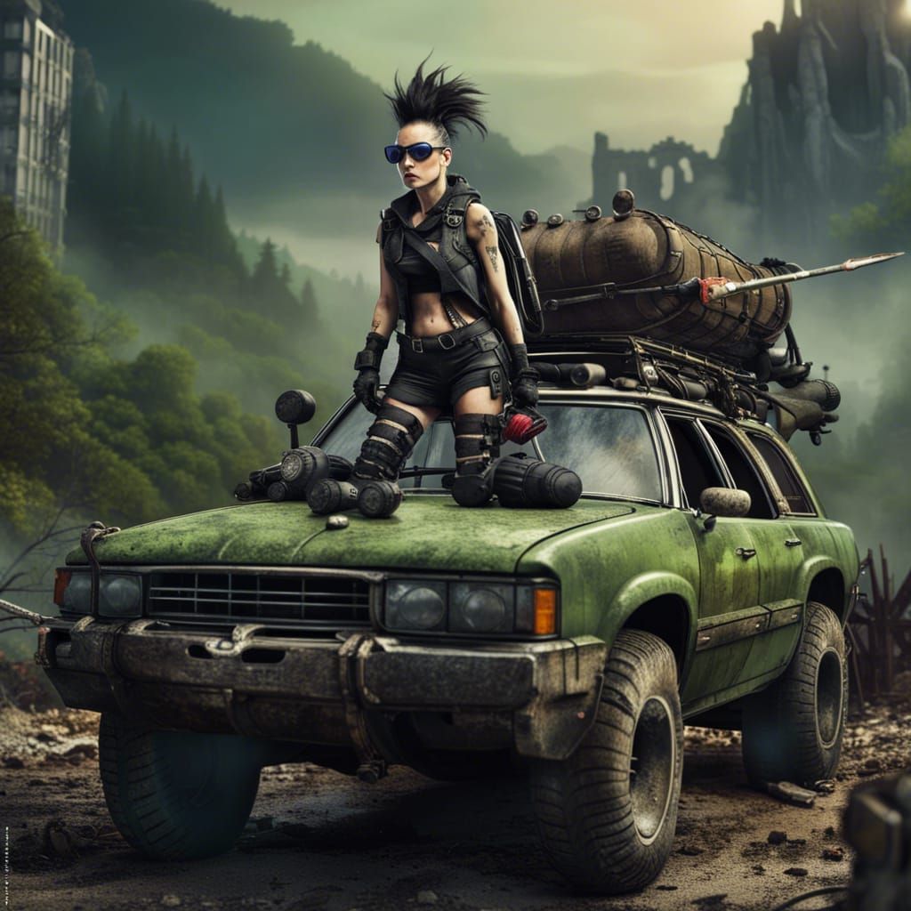 Post-Apocalyptic Warrior in Rocket Launcher Station Wagon