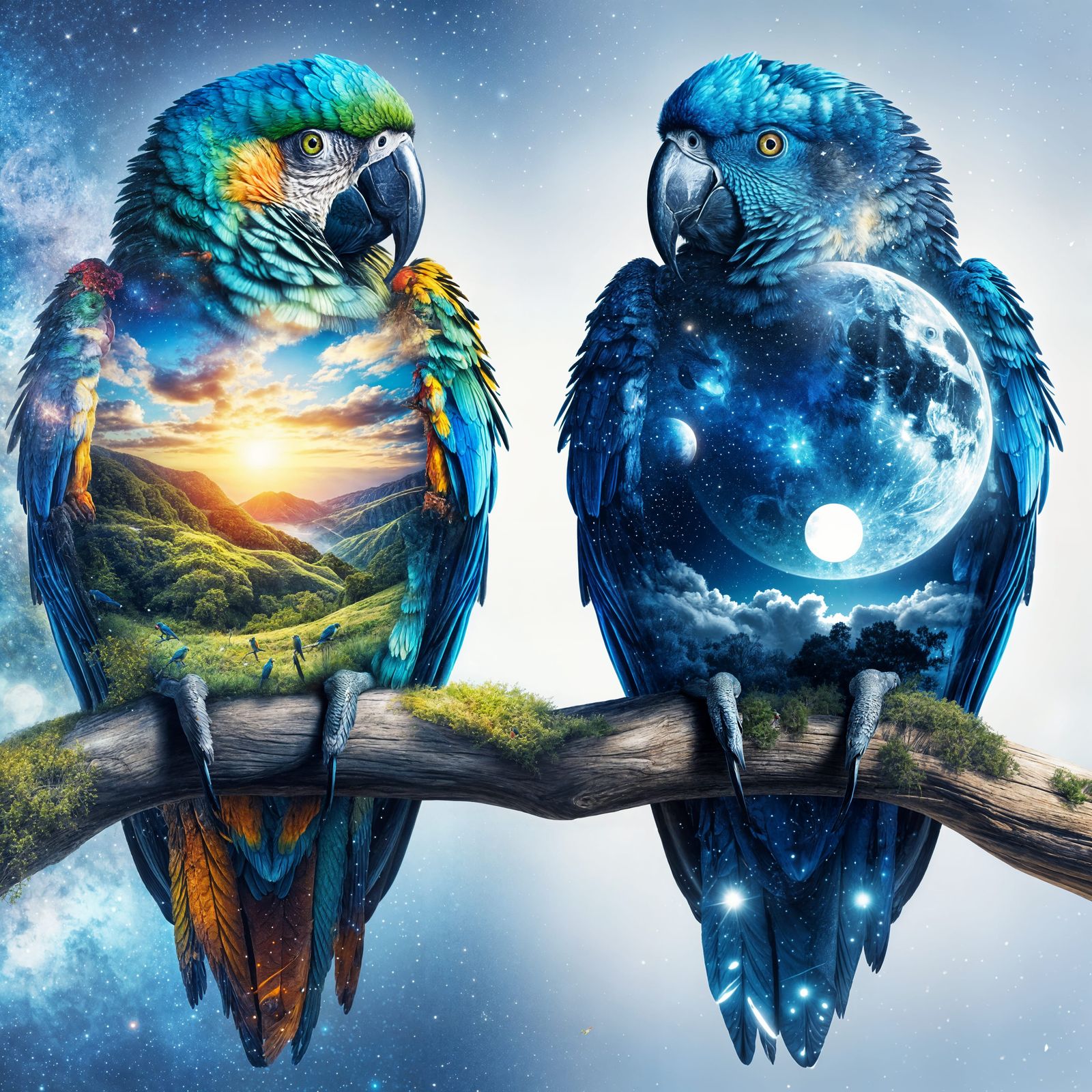 Parrots Embrace Day and Night, Double Exposure Effect