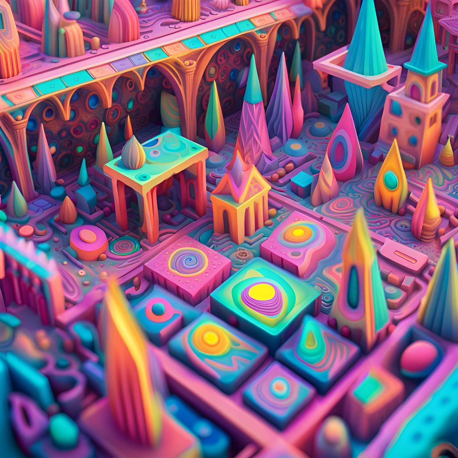 Psychedelic Medieval Market with 3D Fractal Art