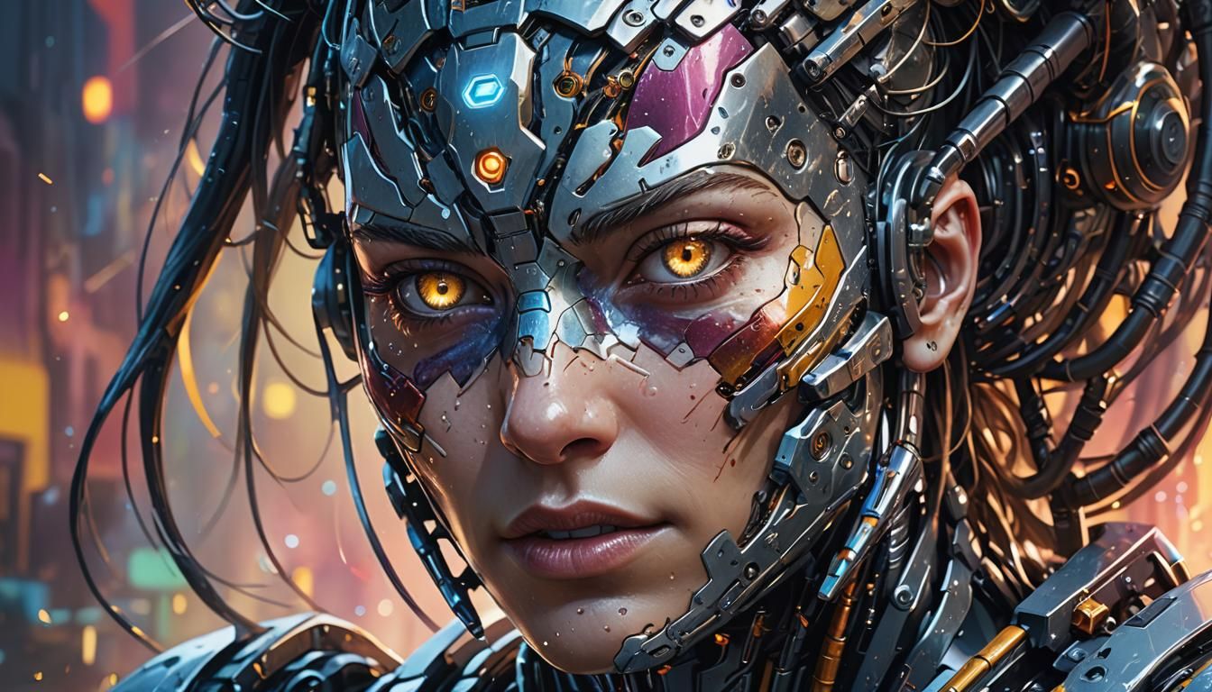 Hyperrealistic Cyborg Portrait in Cyberpunk Style