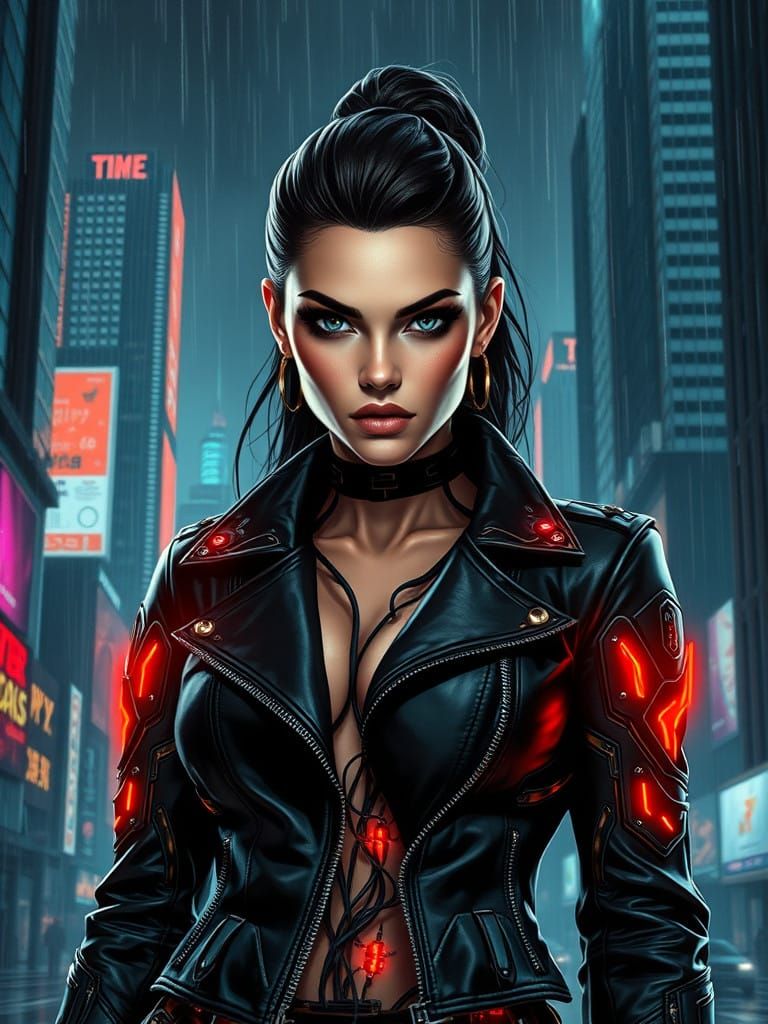 Cyberpunk Goddess in Rainy Cityscape