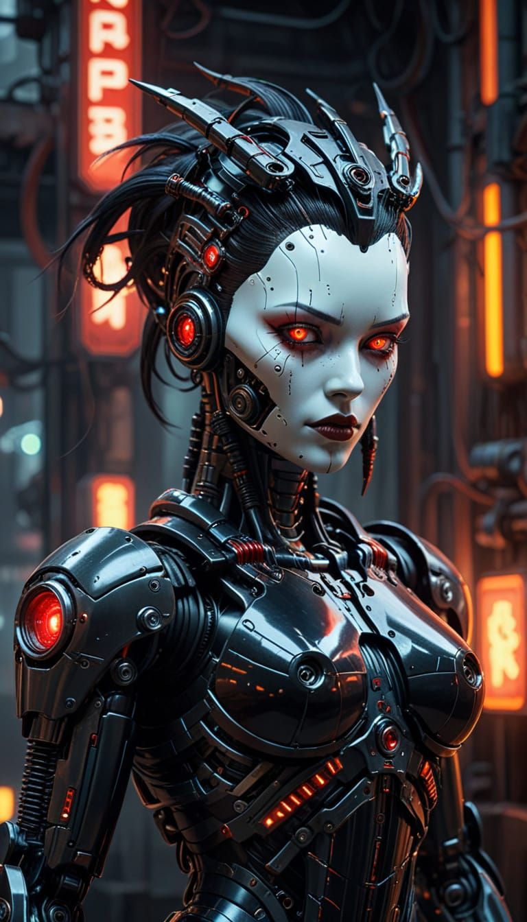 Cyberpunk Gynoid with Mohawk in Gothic Bio-Mech Style