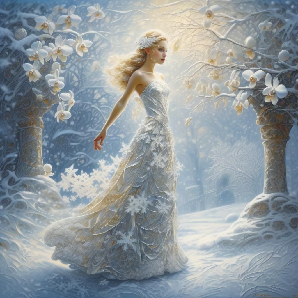 Snow-White Orchid Girl in a Futuristic Landscape