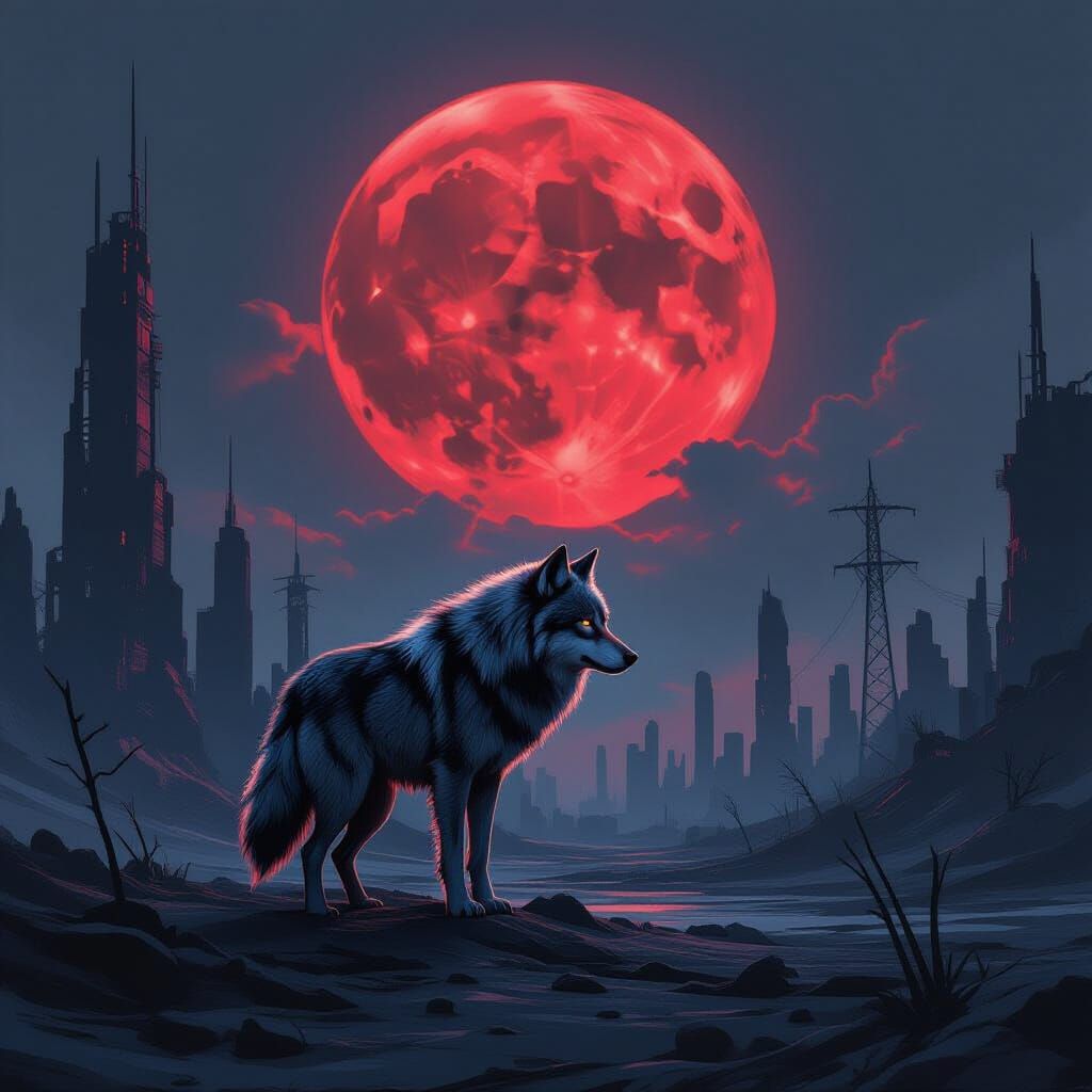 Lone Wolf Under Blood Moon in Dystopian Wasteland
