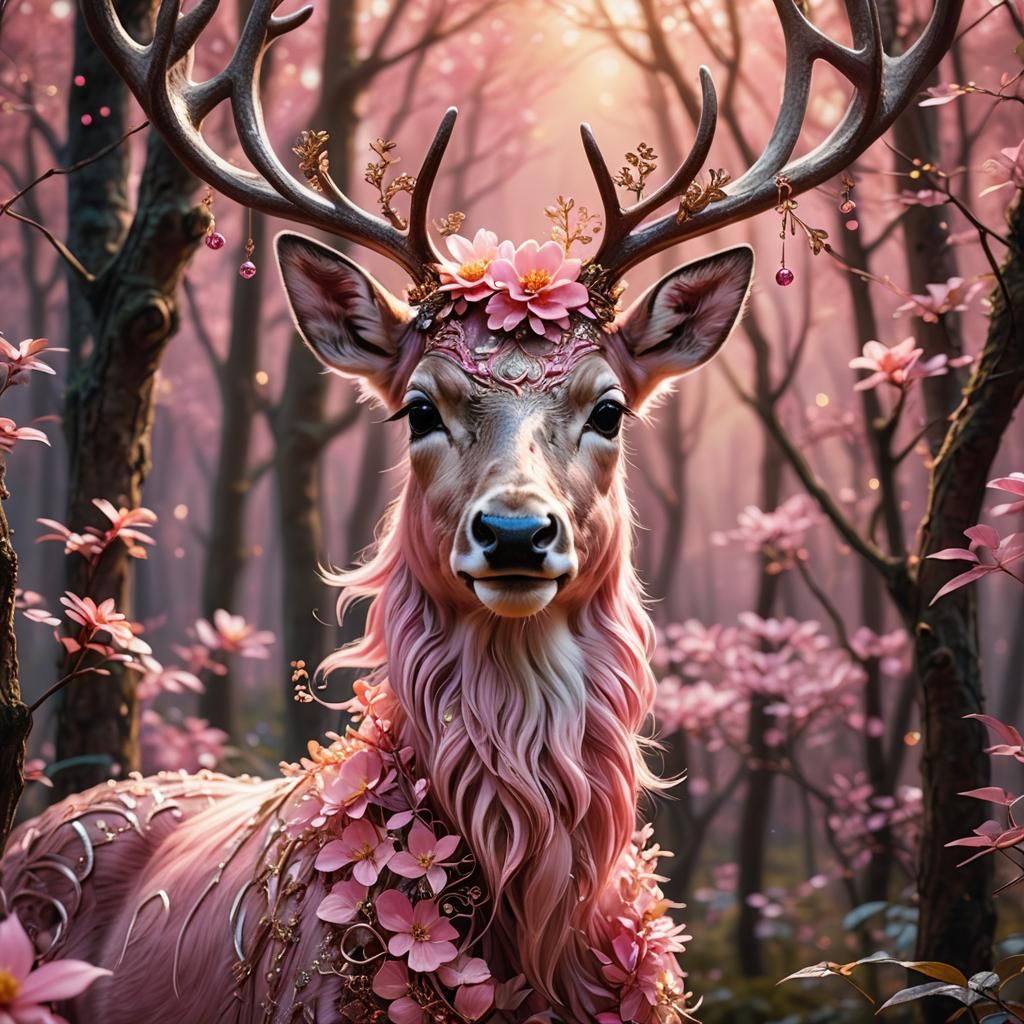Whimsical Pink Reindeer Portrait in Vibrant Oil Style