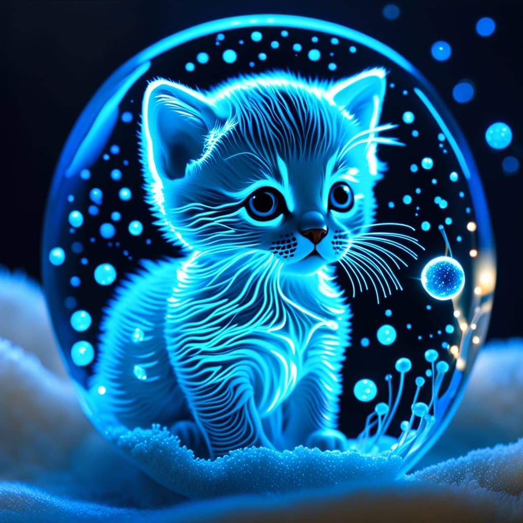 Glass Fiber Kitten in Bioluminescent Blue Glow