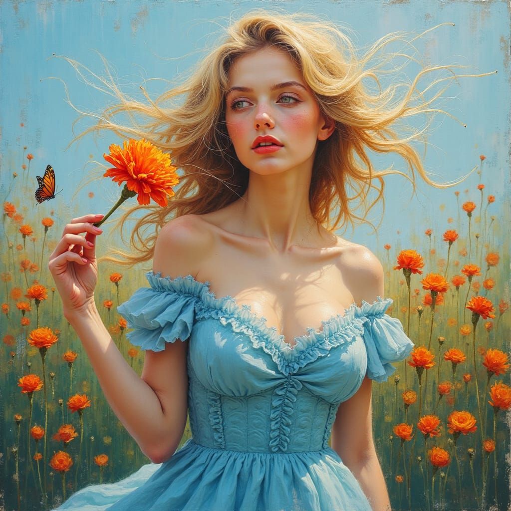 Impressionist Portrait of Blonde Woman with Butterfly