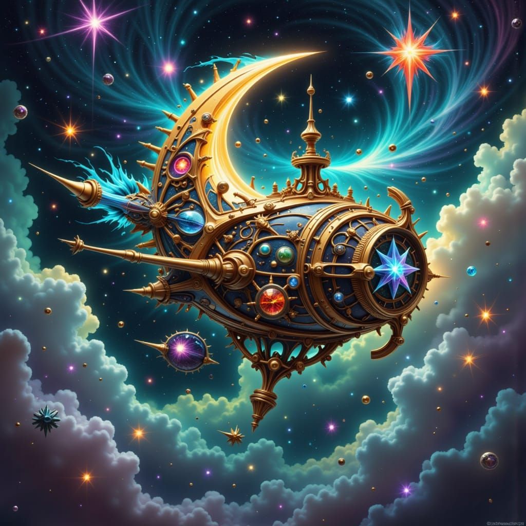 Steampunk Airship Soaring Through Nebula, Digital Art