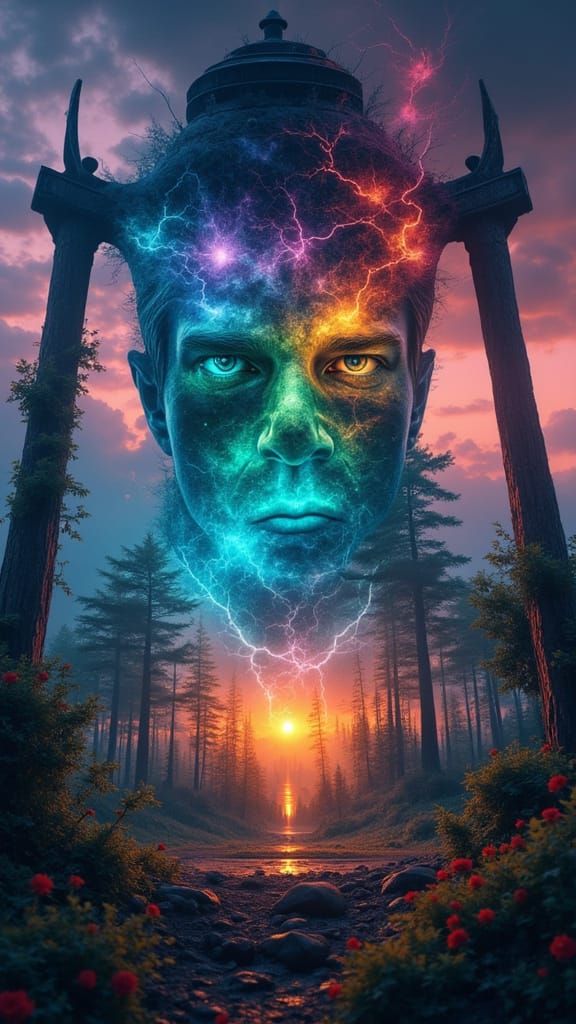 Surreal Lantern Garden Landscape with Rainbow Lightning