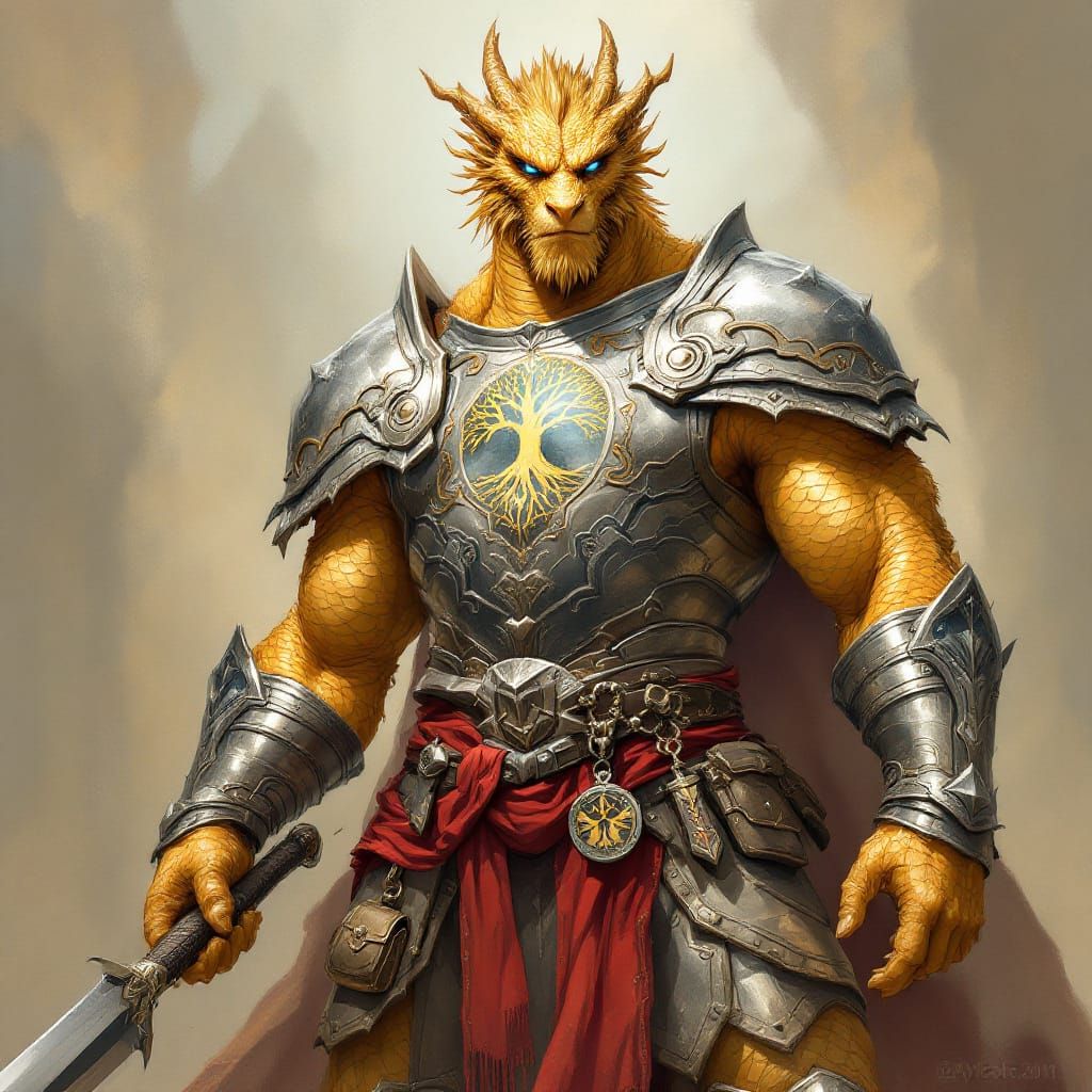 Muscular Golden Dragonborn Warrior in Plate Armor